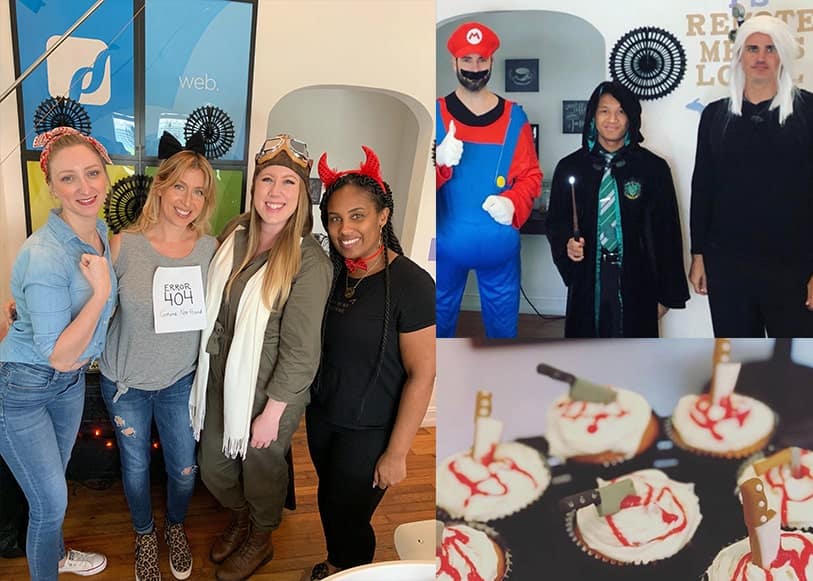 A group of people wearing various costumes. Some are posing in front of a wall, while others stand near a cupcake table decorated with fake blood and knives.