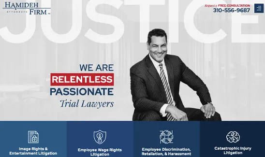 A man in a suit sits and smiles on the homepage of Hamideh Firm, with text stating, "We are relentless passionate trial lawyers," alongside various litigation services offered by the firm.