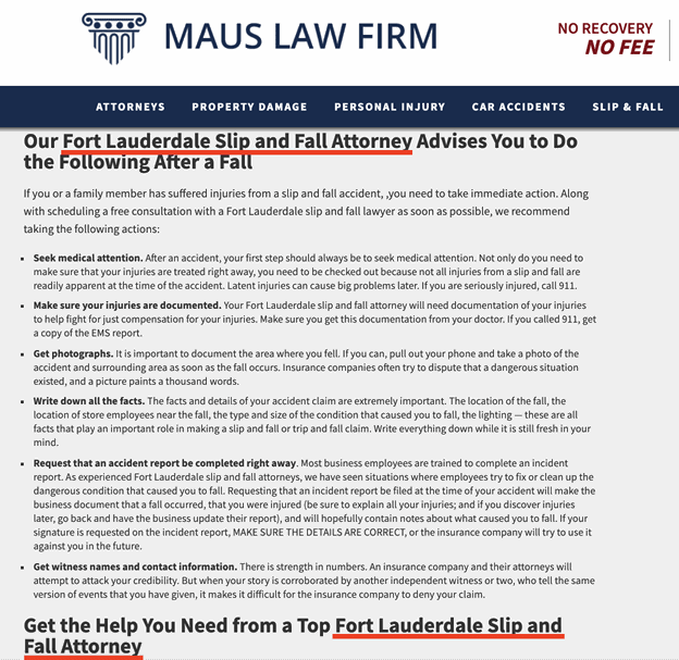Screenshot of Maus Law Firm website detailing advice and steps to take after a slip and fall accident, emphasizing the importance of seeking medical attention and contacting a Fort Lauderdale Slip and Fall Attorney.