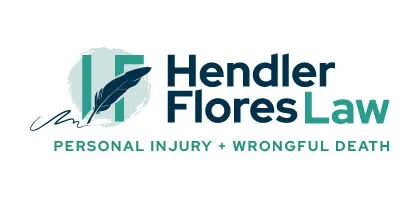 Logo of Hendler Flores Law, featuring a feather icon and the text "Personal Injury + Wrongful Death".