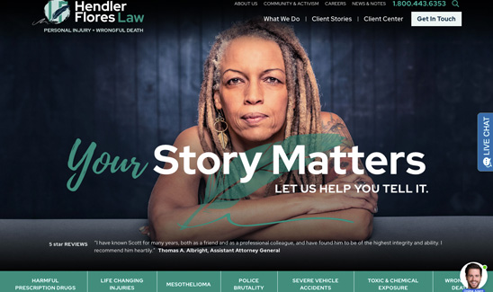 Website homepage of Hendler Flores Law featuring a photo of a person with long dreadlocks, text "Your Story Matters" and a navigation bar including links to practice areas, client stories, and contact information.