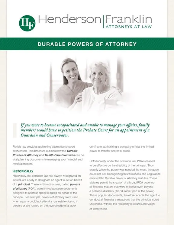 A brochure for Henderson Franklin Attorneys at Law about durable powers of attorney, featuring a photo of a smiling caregiver with an elderly woman, and text about the benefits and considerations of legal proxies.