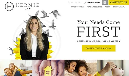 Homepage of Hermiz Law with a smiling woman in a black blazer, surrounded by graphics of birds and sunflowers. Text reads "Your Needs Come First" with a button labeled "Connect with Madana.