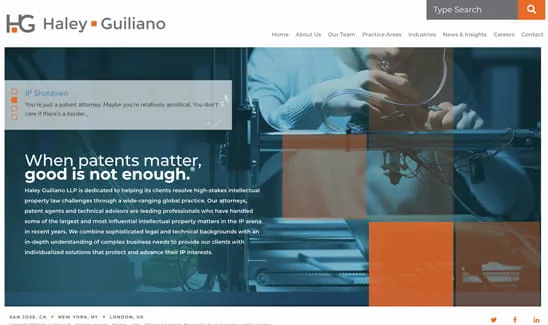Screenshot of a website page for Haley Guiliano LLP featuring text about their patent attorney services and a partial image of a person working with machinery in a technical environment.
