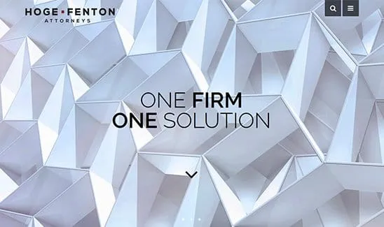 Geometric pattern background with the text "Hoge Fenton Attorneys" and "One Firm One Solution" in the center.