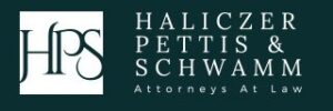 Logo for the law firm Haliczer Pettis & Schwamm, displaying the firm’s initials "HPS" and the text "Haliczer Pettis & Schwamm Attorneys at Law" on a dark green background.