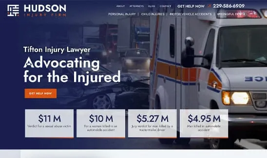 Screenshot of Hudson Injury Firm's website showing legal services for various injury claims, contact information, and examples of past settlements. An ambulance is visible in the background.