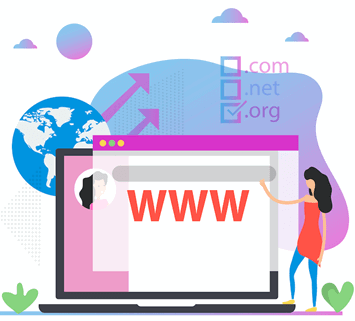 Illustration of a woman pointing to "WWW" on a computer screen, with globe and arrows in the background, and checkboxes for .com, .net, and .org domains.