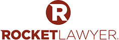 The image shows the Rocket Lawyer logo with a white "R" inside a red circle above the company name in red text.