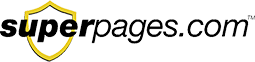 The image shows the logo for superpages.com, with the text in black and a yellow and black shield on the left.