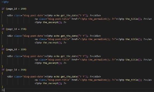 Code snippet displaying conditional PHP scripts to output blog posts' dates, links, titles, and excerpts based on specific page IDs (204, 221, 178).