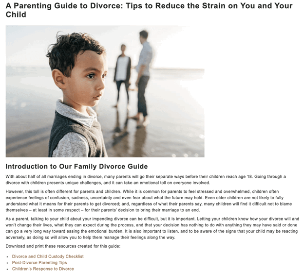 A young child stands on a beach with an adult blurred in the background. Screenshot of a guide titled "A Parenting Guide to Divorce: Tips to Reduce the Strain on You and Your Child.