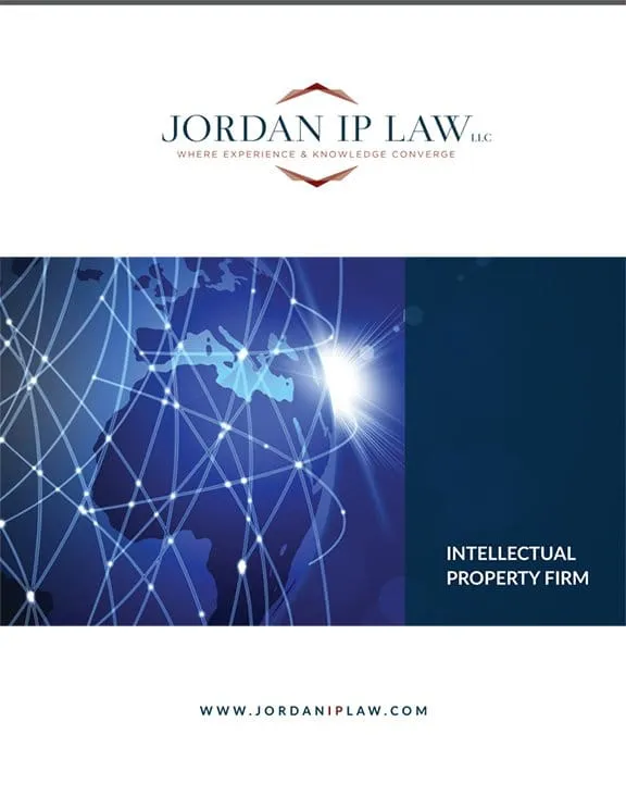 Cover of a brochure for Jordan IP Law, LLC, an intellectual property firm, featuring a network graphic over a globe and the tagline "Where Experience & Knowledge Converge." Website: www.jordaniplaw.com.