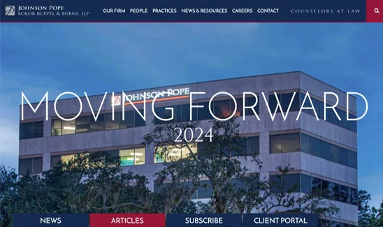 An office building with "Johnson Pope" signage and the text "MOVING FORWARD 2024" overlaid. The navigation bar includes links for News, Articles, Subscribe, and Client Portal.