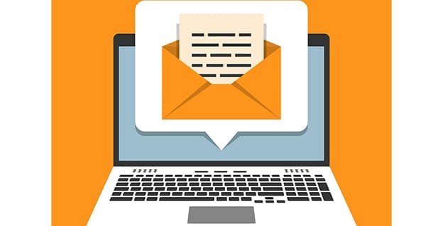 Illustration of a laptop screen displaying an open envelope with a letter coming out, against an orange background.