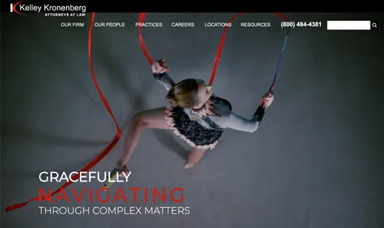 A woman in a leotard is performing a rhythmic gymnastics routine with red and blue ribbons. The text reads, "Kelley Kronenberg Attorneys at Law - Gracefully Navigating Through Complex Matters.
