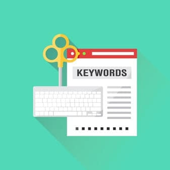 Illustration of a web page with the word "Keywords" next to a keyboard and golden scissors, set against a teal background.
