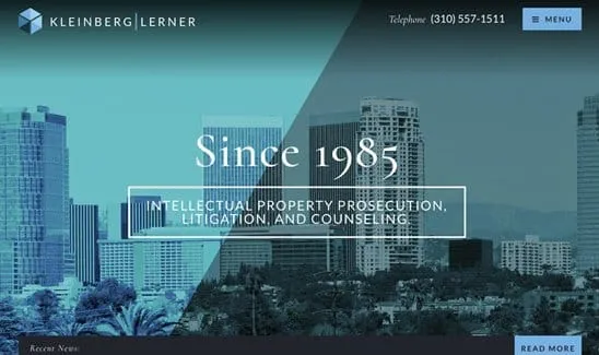Website homepage of Kleinberg Lerner, featuring a cityscape background with text highlighting their services in intellectual property prosecution, litigation, and counseling, established since 1985.