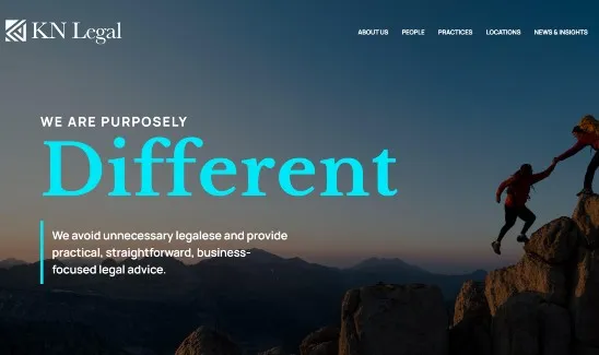 Two individuals climb a rocky peak at sunset. Text overlay reads: "KN Legal. We are purposely different. We avoid unnecessary legalese and provide practical, straightforward, business-focused legal advice.