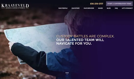 A child holding a map, with text overlay reading, "Custody battles are complex. Our talented team will navigate for you." The image is part of a website for a divorce and custody law firm.