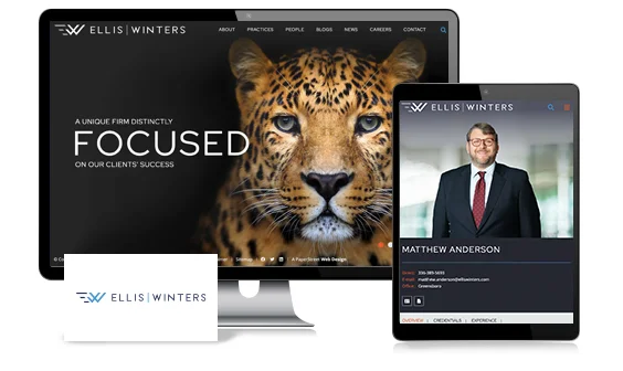 Image of Ellis Winters branding across different platforms including a desktop displaying their website, a tablet showing a profile, and a business card with the company's logo.