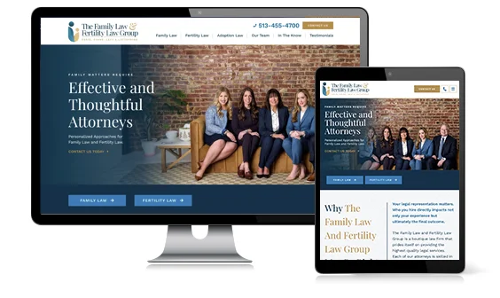 A desktop computer and tablet display a law firm's website, showing a group photo of four women attorneys sitting on a couch and text promoting family and fertility law services.