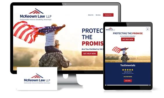 A computer monitor and tablet display the homepage of McKeown Law LLP, showcasing a soldier with a child and an American flag. A business card with the firm's logo is in the foreground.
