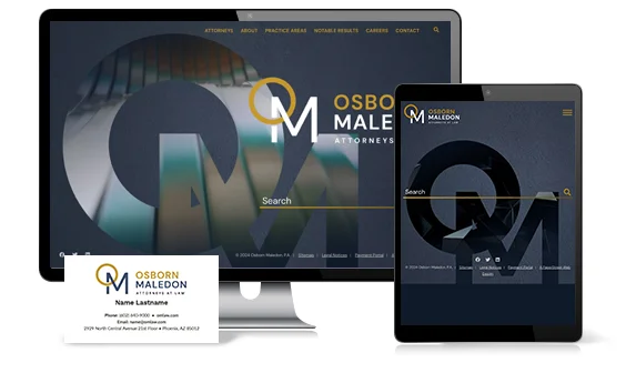 Desktop computer, tablet, and business card displaying the website and branding of Osborn Maledon, a law firm. Website features include a search bar and various navigational links at the top.