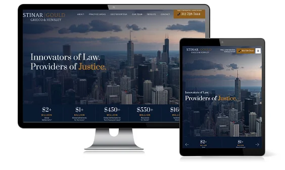 A desktop and tablet display a law firm's website with a city skyline background, emphasizing their tagline: "Innovators of Law. Providers of Justice." and showing financial achievements.