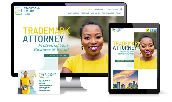 A desktop, tablet, and business card displaying a law firm's website with the title "Trademark Attorney: Protecting Your Business & Brand" alongside an image of a smiling woman in a yellow dress.