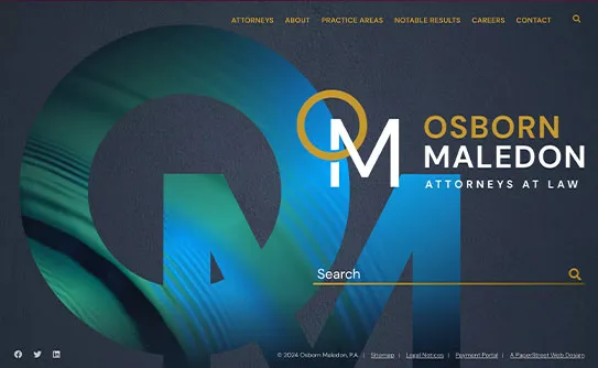 The homepage of Osborn Maledon, Attorneys at Law, featuring a search bar, abstract blue and green design elements, and navigation links for various sections like Attorneys, Practice Areas, and Contact.