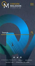 Mobile website screenshot of Osborn Maledon, P.A. showing a large logo, a search bar, and social media icons at the bottom. The background features a textured grey design with blue and gold accents.