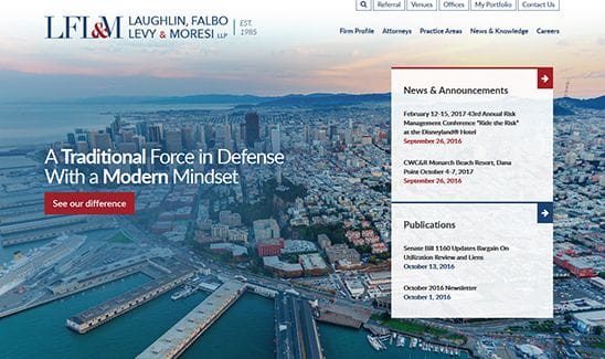 Screenshot of a law firm's website homepage featuring a city waterfront view, firm name, slogan, navigation menu, and sections for News & Announcements and Publications.