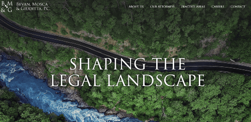 Aerial view of a road winding through a forest with the text "Shaping the Legal Landscape" overlaid. The law firm's name, "Bevan, Mosca & Giuditta, P.C.," is displayed in the top left corner.