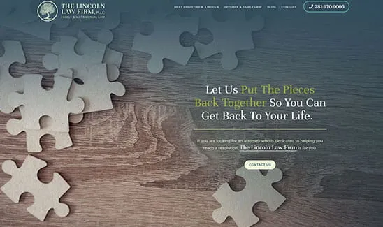 Law firm website banner with a wooden background and puzzle pieces. The text reads: "Let Us Put The Pieces Back Together So You Can Get Back To Your Life." Contact information is provided.
.