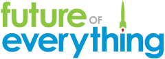 Logo of "Future of Everything" with "future" in green, "of" in grey with a rocket launching beside it, and "everything" in blue.