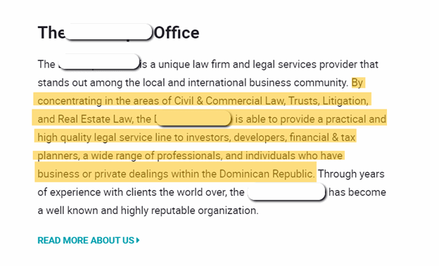 A law firm offers services in Civil & Commercial Law, Trusts, Litigation, and Real Estate Law, specializing in dealings within the Dominican Republic.