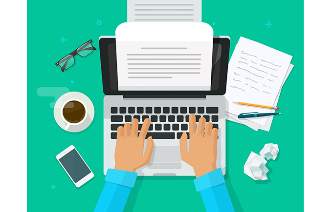 Illustration of a person typing on a laptop with a document coming out of the screen. Surrounding items include a cup of coffee, glasses, smartphone, papers, pens, and a crumpled paper ball.