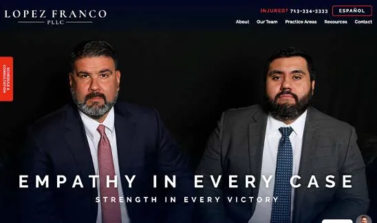 Two men in business attire sit side by side in front of a dark background. Text on the image reads "Empathy in Every Case, Strength in Every Victory." The banner at the top indicates a law firm's website.