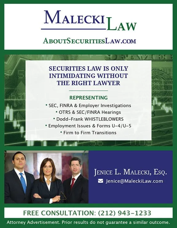 Advertisement for Malecki Law specializing in securities law, featuring contact information and a list of services provided. The ad includes names, photos of lawyers, and a free consultation number: (212) 943-1233.
