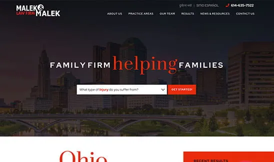 Screenshot of the Malek & Malek Law Firm website home page, showcasing a city skyline banner, the firm’s tagline "Family Firm Helping Families," and a search box to query injury types.