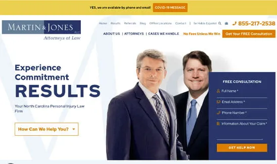 Homepage of the Martin & Jones law firm, emphasizing their commitment to delivering results. Features a photo of two attorneys, a contact form for free consultations, and various navigation options.