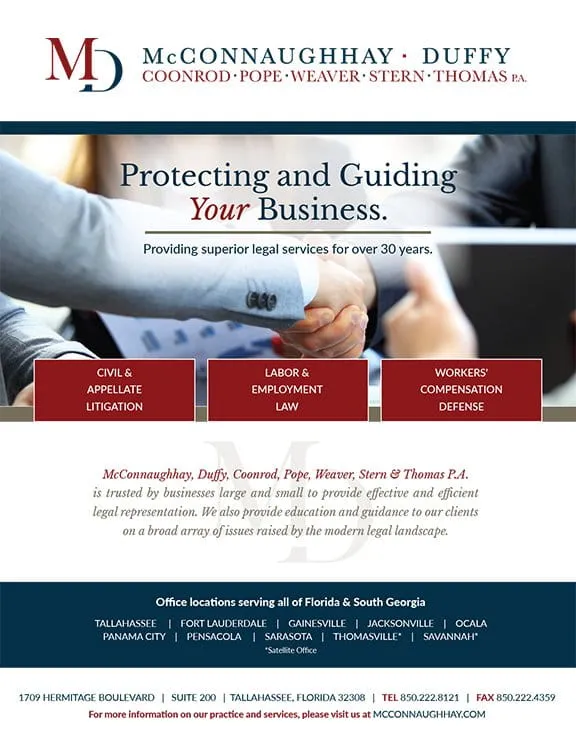 A legal services firm's advertisement with company name, contact details, and practice areas including civil litigation, labor law, and workers' compensation. Office locations and a website are listed.