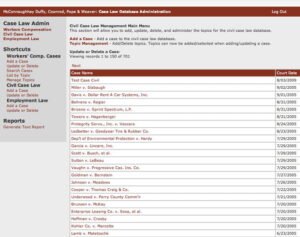 A computer screen displaying the Case Law Database Administration interface with a list of civil case laws, their update dates, and related options for managing the database.