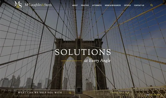 A view of a suspension bridge with the text "SOLUTIONS at Every Angle" overlaying the image. The top of the image has a navigation menu for the McLaughlin & Stern website.