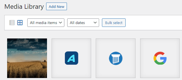 Screenshot of a media library interface displaying a field to add new media, filter options by media type and date, a bulk select feature, and thumbnails of three media items including an image and two icons.