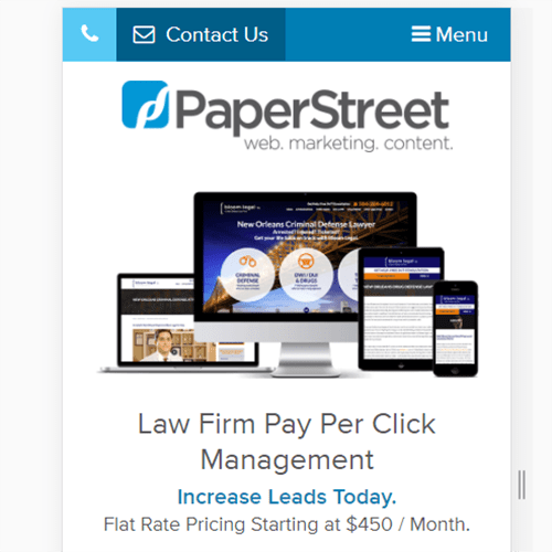 PaperStreet's website homepage featuring devices displaying their services. Text reads: "Law Firm Pay Per Click Management. Increase Leads Today. Flat rate pricing starting at $450/month.