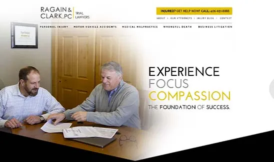 Two men are seated at a table reviewing documents. The text on the image includes "Ragain & Clark, PC Trial Lawyers" and "Experience, Focus, Compassion - The Foundation of Success.