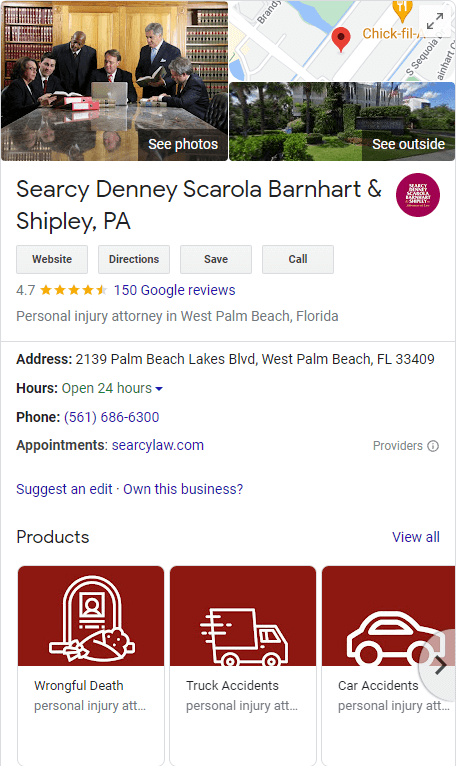 Google business listing for Searcy Denney Scarola Barnhart & Shipley, PA, a personal injury attorney in West Palm Beach, Florida, with contact details, office hours, and types of cases handled.