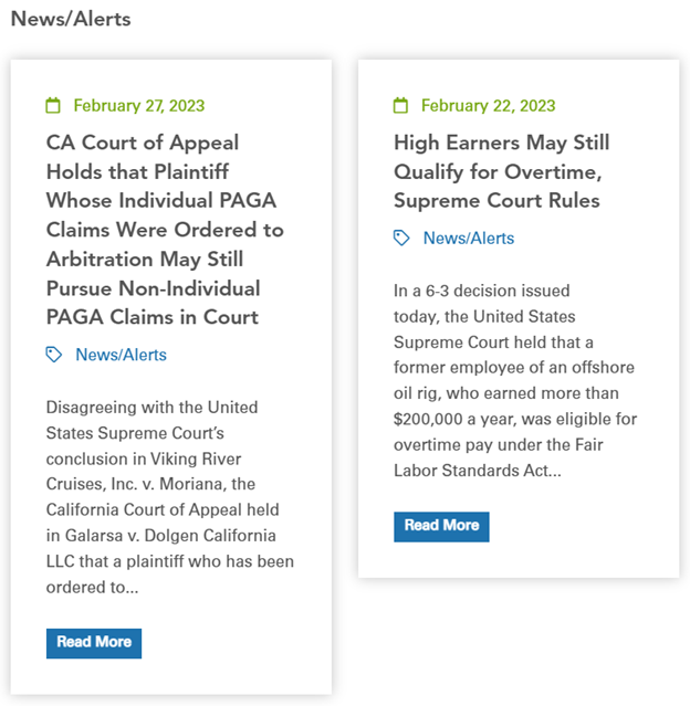 Two news alerts: one from February 27, 2023, about a California Court of Appeal ruling on PAGA claims; the other from February 22, 2023, about a U.S. Supreme Court decision on overtime for high earners.